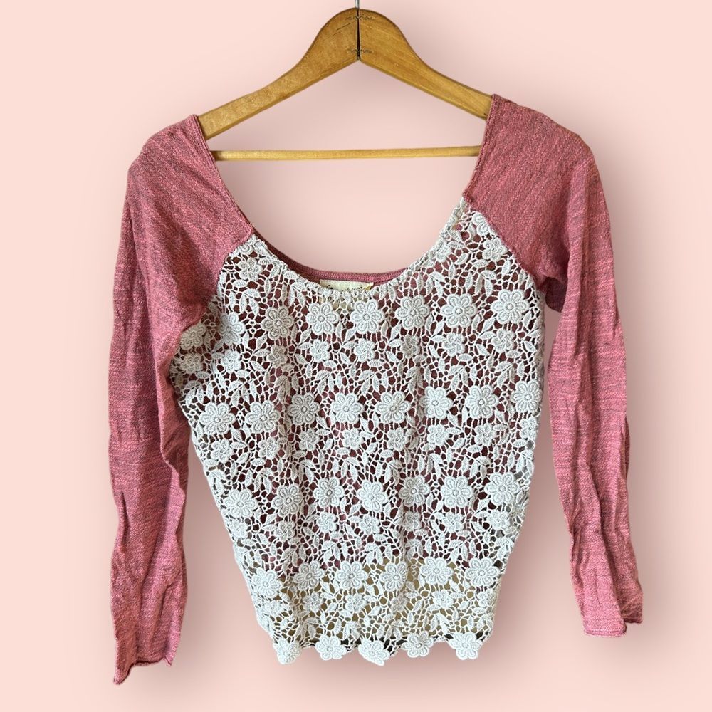 Free People pink crochet long sleeve top size small